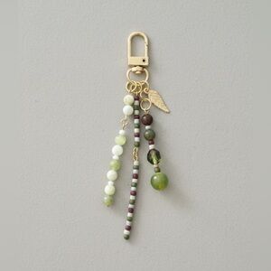 Serpentine Jade Gemstone Beaded Bag Charm Keychain with Gold Tones & Leaf Charm